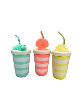 Set Of 3 Kids Striped Cups With Fun Animal & Beach-Themed Lids And Straws by Sun